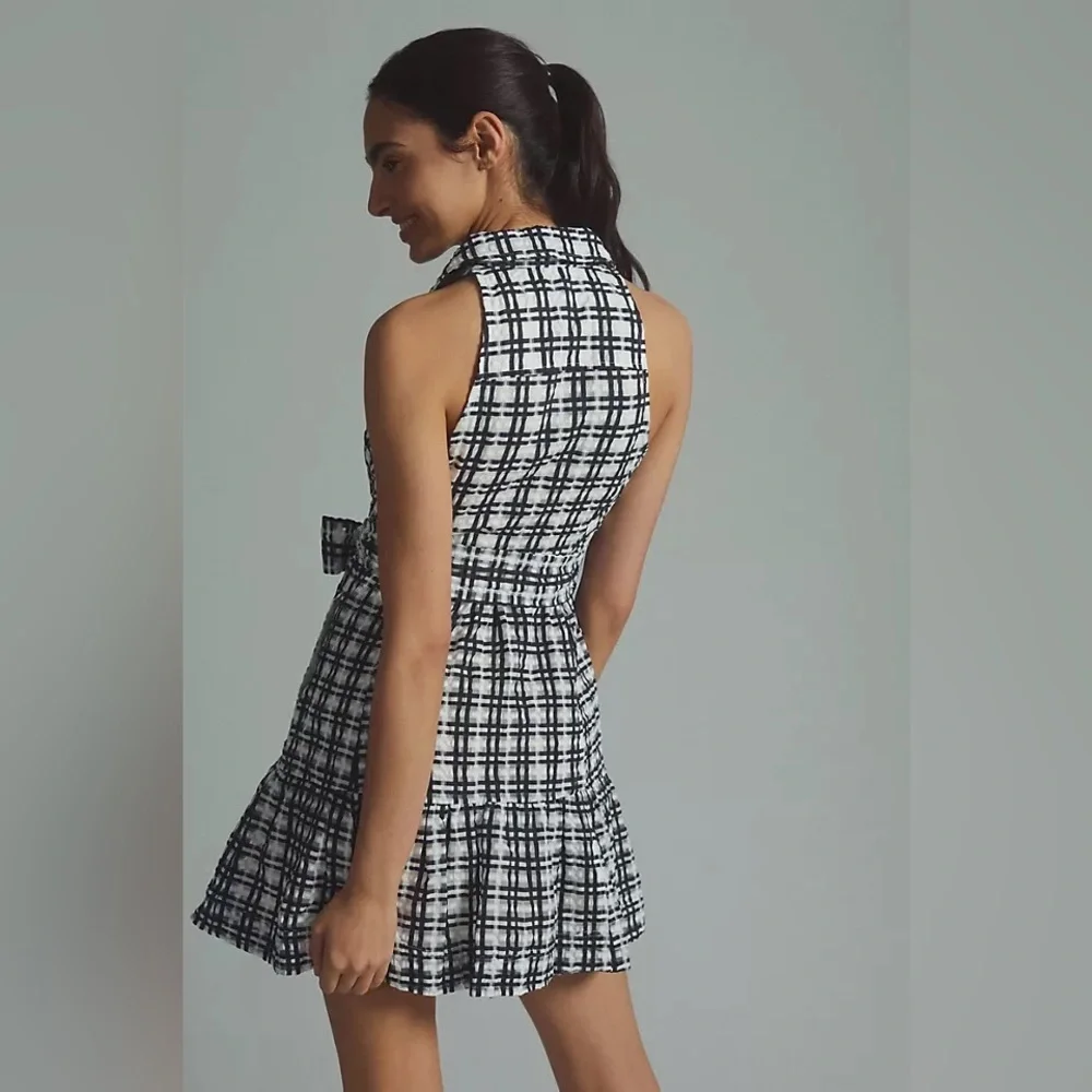 Maeve by Anthropologie Black & White Plaid Mini Flounce Dress size 10 - Picture 2 of 12